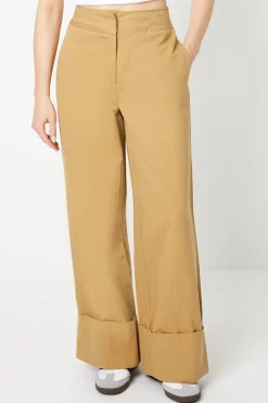 Twill Turn Up Hem Straight Leg Trouser