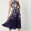 Twill Twist Halter Neckline Pleated Midi Dress