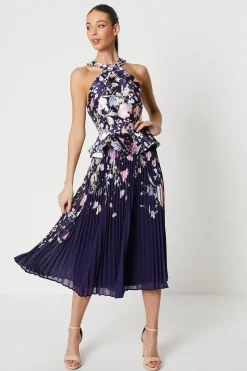 Twill Twist Halter Neckline Pleated Midi Dress