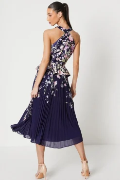 Twill Twist Halter Neckline Pleated Midi Dress