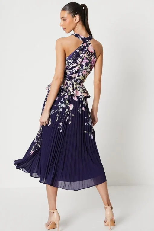 Twill Twist Halter Neckline Pleated Midi Dress