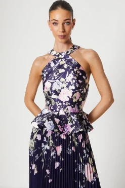 Twill Twist Halter Neckline Pleated Midi Dress