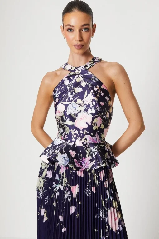 Twill Twist Halter Neckline Pleated Midi Dress