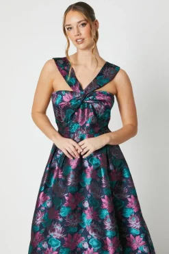 Twist Bodice Jacquard Midi Dress