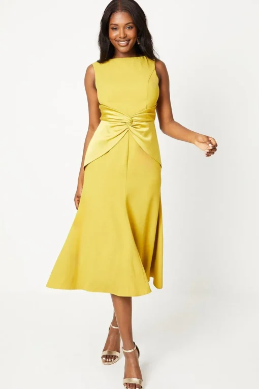 Twist Detail Satin Back Crepe Midi Dress