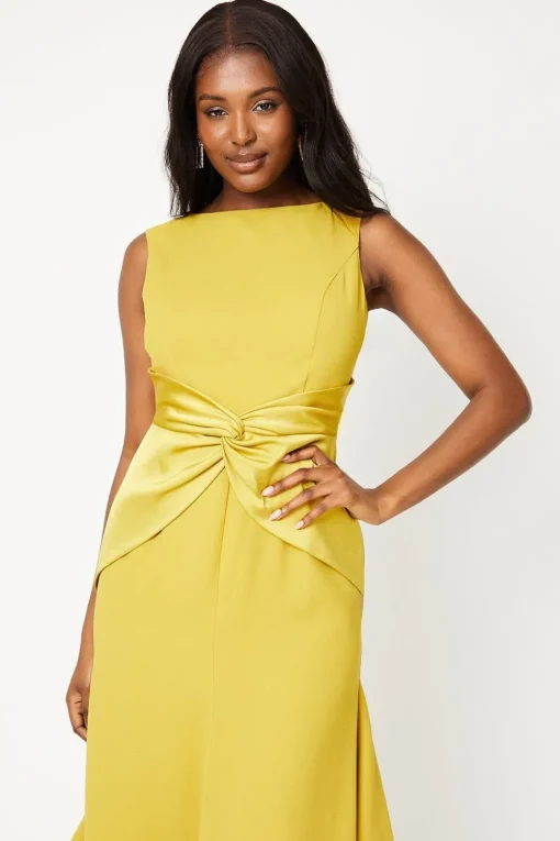 Twist Detail Satin Back Crepe Midi Dress