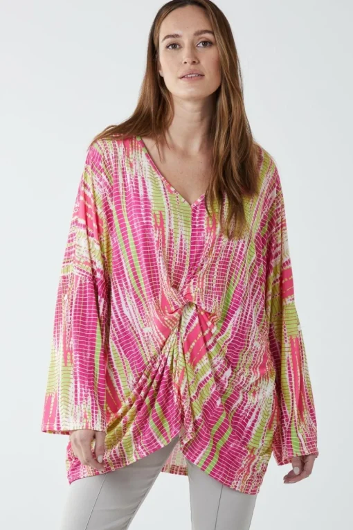 Twist Front Abstract Print Long Sleeve Top