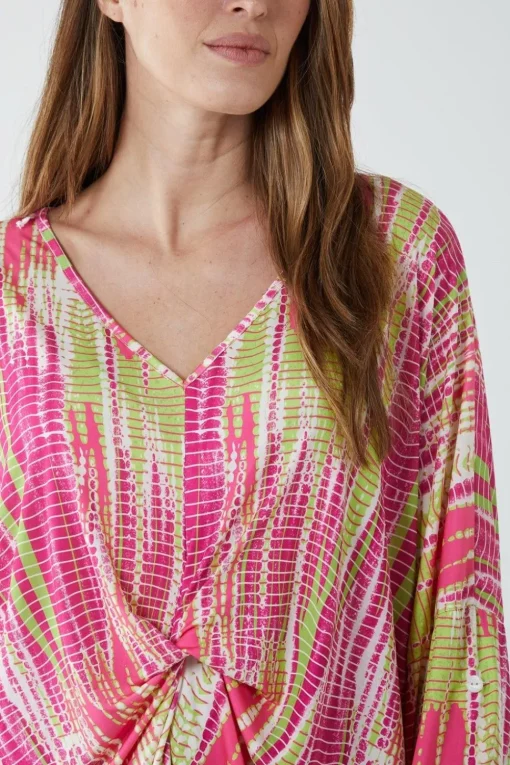 Twist Front Abstract Print Long Sleeve Top