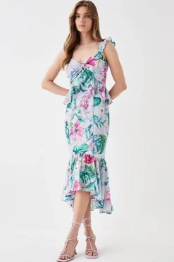 Twist Front Georgette Jacquard Midi Dress