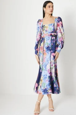Twist Waist Georgette Jacquard Piped Detail Midi Dress