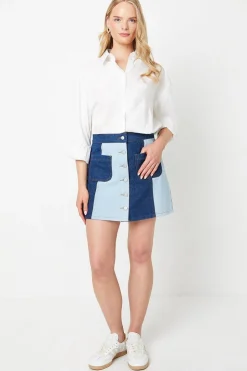 Two Tone Denim Button Through Mini Skirt