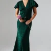 V Neck Angel Sleeve Satin Jacquard Bridesmaids Dress