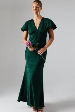 V Neck Angel Sleeve Satin Jacquard Bridesmaids Dress