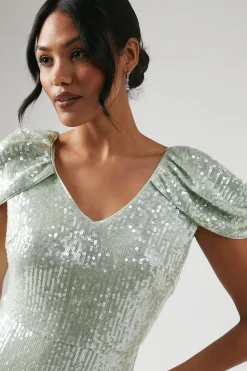 V Neck Draped Shoulder Sequin Bridesmaid Dress