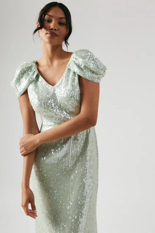 V Neck Draped Shoulder Sequin Bridesmaid Dress