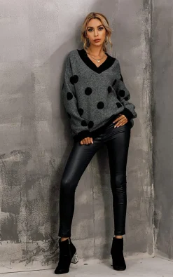 V Neck Jumper In Charcoal Grey & Black Polka Dot Print