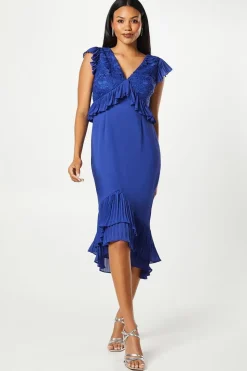 V Neck Pleated Ruffle Georgette Midi Wedding Guest Dress