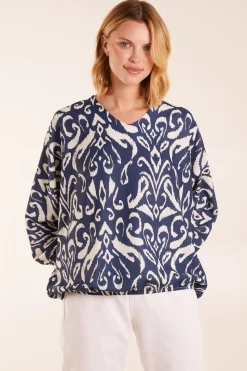 V Neck Printed Batwing Elasticated Hem Top