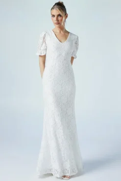 V Neck Puff Sleeve Stretch Lace Wedding Dress