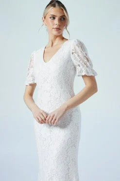 V Neck Puff Sleeve Stretch Lace Wedding Dress