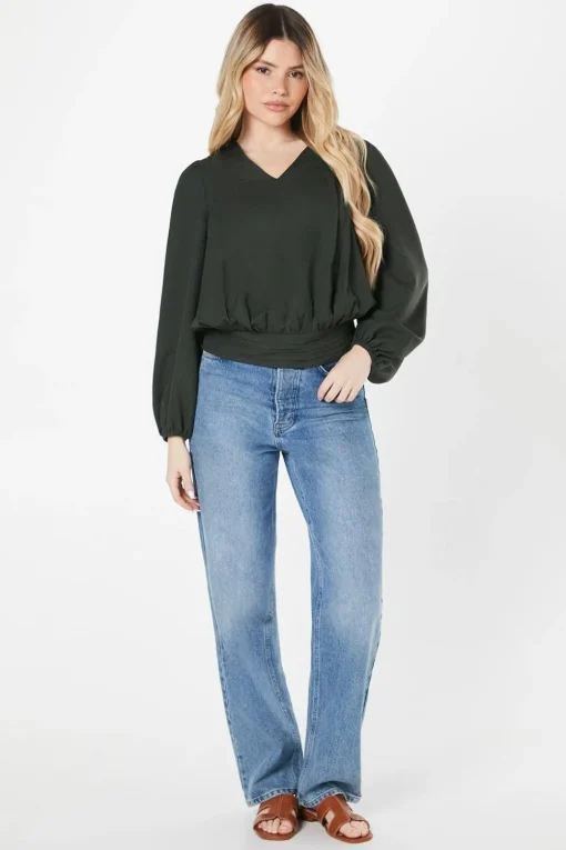 V Neck Shirred Hem Blouse