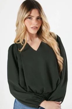 V Neck Shirred Hem Blouse