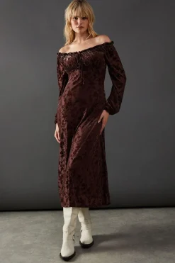Velvet Bardot Tie Front Midi Dress