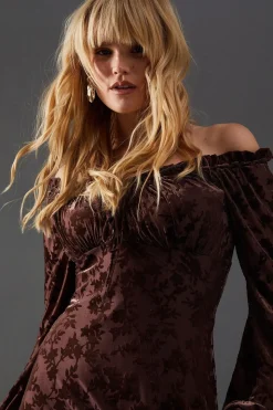 Velvet Bardot Tie Front Midi Dress
