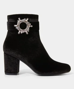 Velvet Diamanté Buckle Chunky Ankle Boots