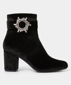 Velvet Diamanté Buckle Chunky Ankle Boots