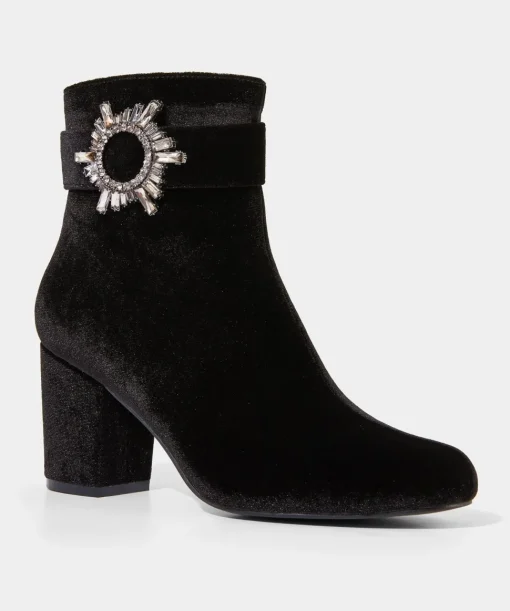 Velvet Diamanté Buckle Chunky Ankle Boots