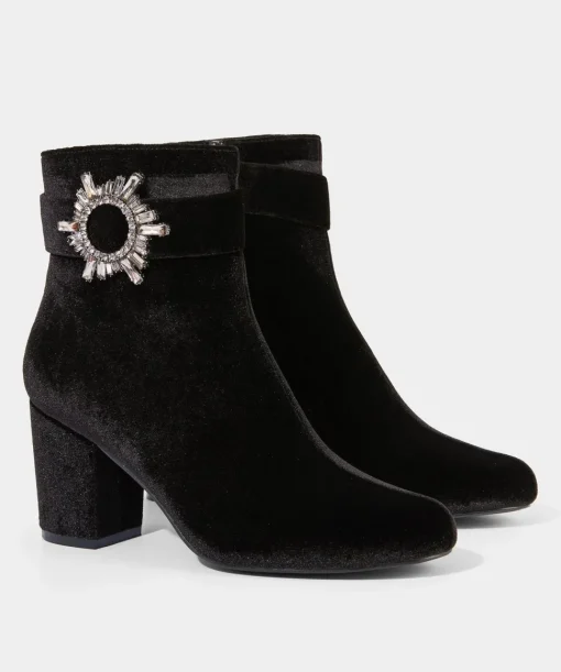 Velvet Diamanté Buckle Chunky Ankle Boots