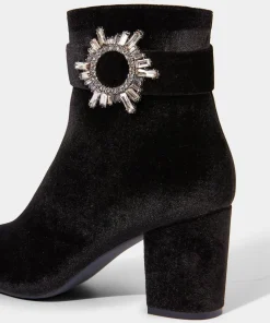 Velvet Diamanté Buckle Chunky Ankle Boots
