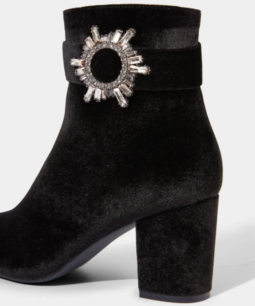 Velvet Diamanté Buckle Chunky Ankle Boots