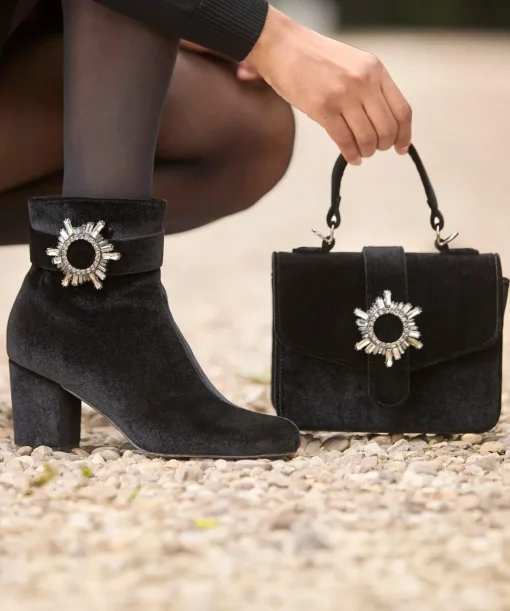 Velvet Diamanté Buckle Chunky Ankle Boots