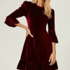 Velvet Frill Detail Mini Dress In Wine