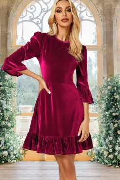 Velvet Frill Detail Mini Dress In Violet Red