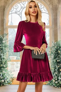 Velvet Frill Detail Mini Dress In Violet Red