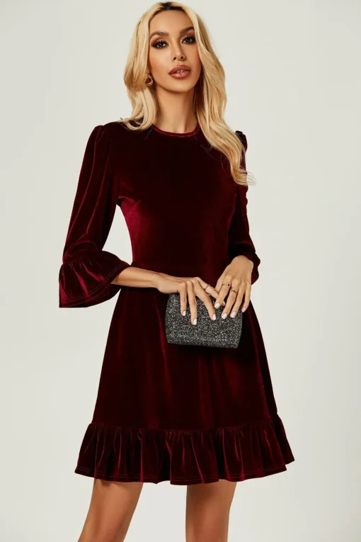 Velvet Frill Detail Mini Dress In Wine