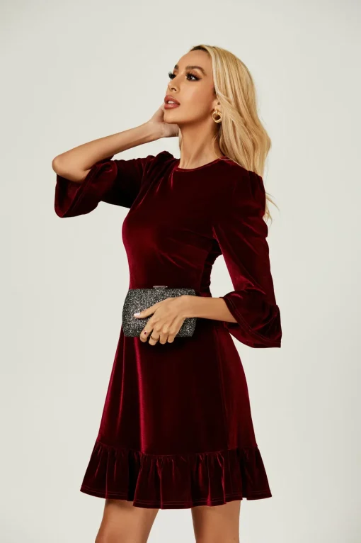 Velvet Frill Detail Mini Dress In Wine