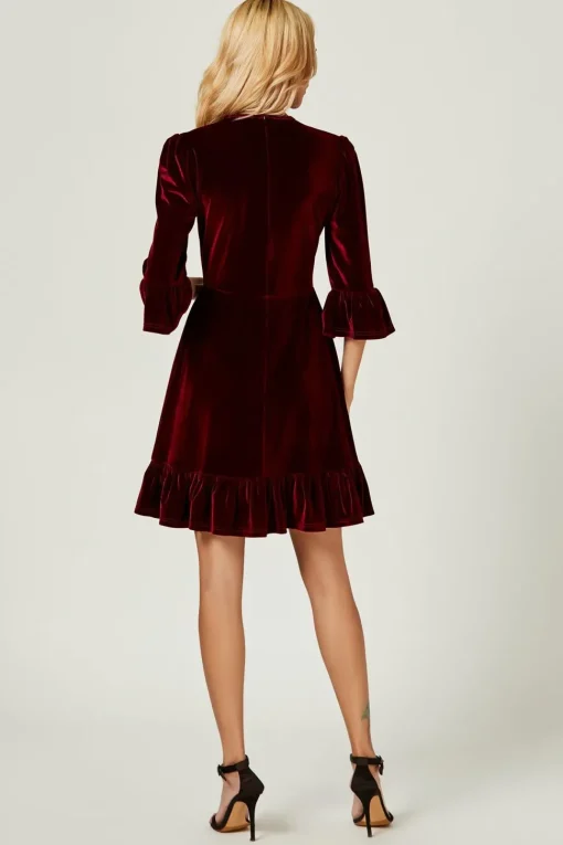 Velvet Frill Detail Mini Dress In Wine