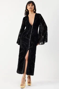 Velvet Plunge Neck Flared Sleeve Button Through Midi Dress