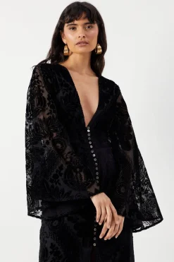 Velvet Plunge Neck Flared Sleeve Button Through Midi Dress
