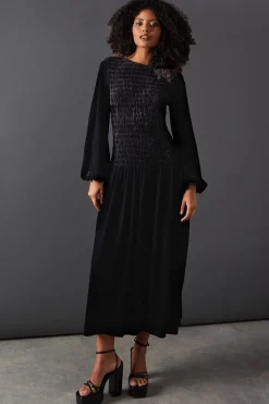 Velvet Ruched Body Puff Sleeve Midi Dress