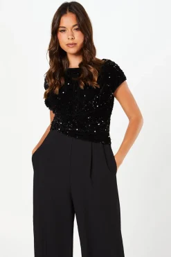 Velvet Sequin Jumpsuit with Cap Sleeve