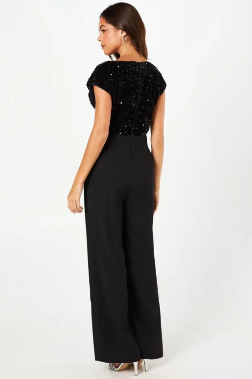 Velvet Sequin Jumpsuit with Cap Sleeve