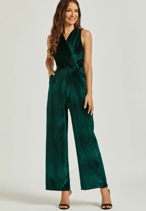 Velvet Wrap Jumpsuit In Green