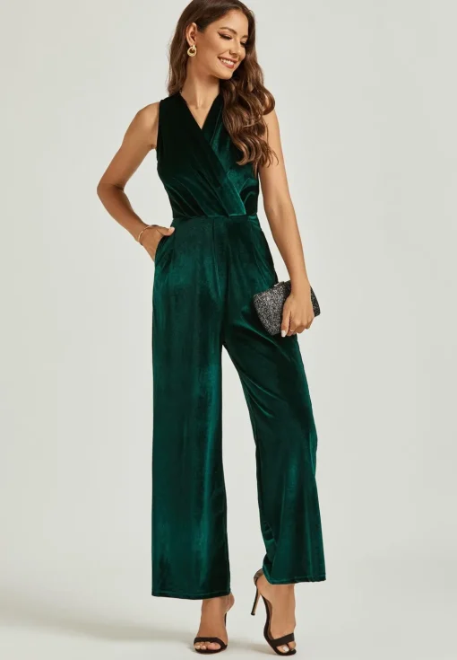 Velvet Wrap Jumpsuit In Green