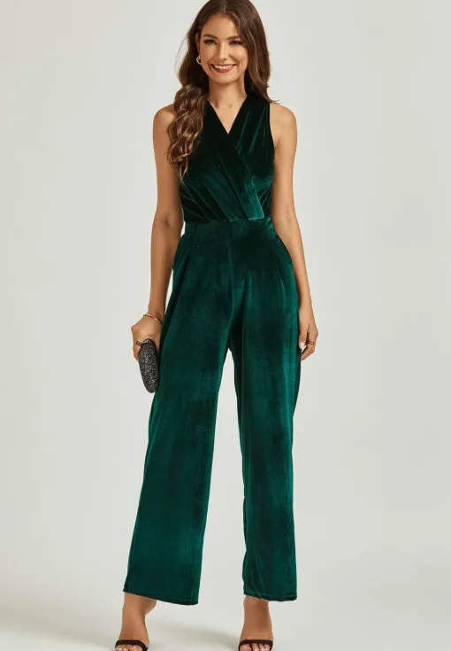 Velvet Wrap Jumpsuit In Green
