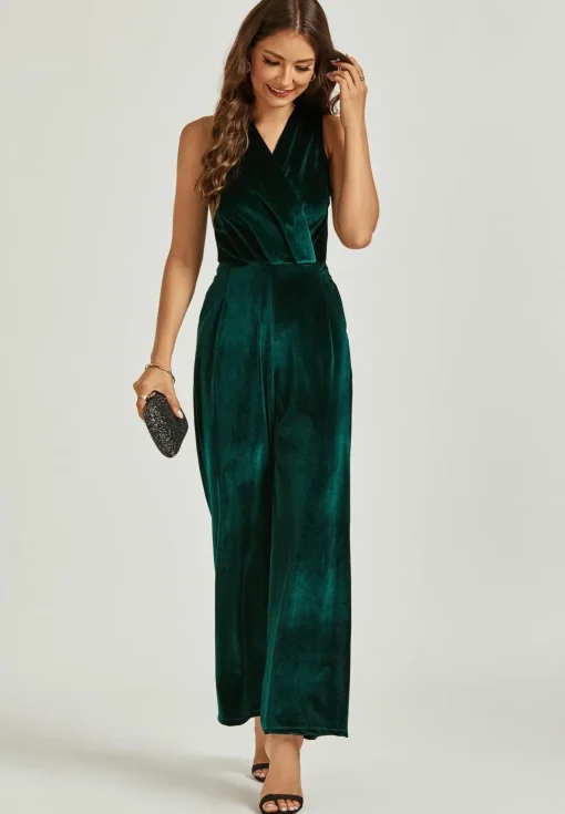 Velvet Wrap Jumpsuit In Green
